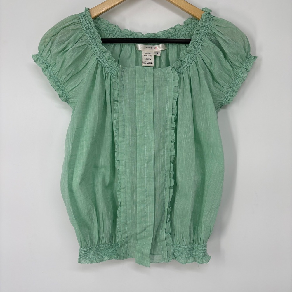 Studio M Womens Ruffle Cotton Blouse Short Puff Sleeve Smocked S Cottage Twee